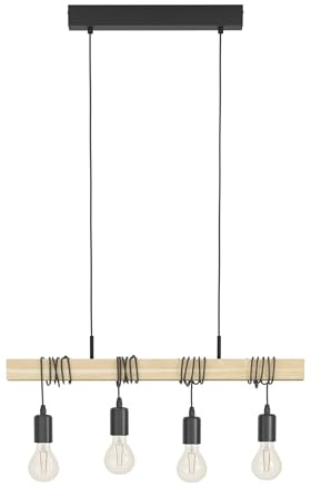 Eglo Lampada a sospensione Townshend, lampada rustica retrò in design industrial e vintage, lampada da sala da pranzo in legno a 4 punti luce, con attacco E27, certificazione FSC