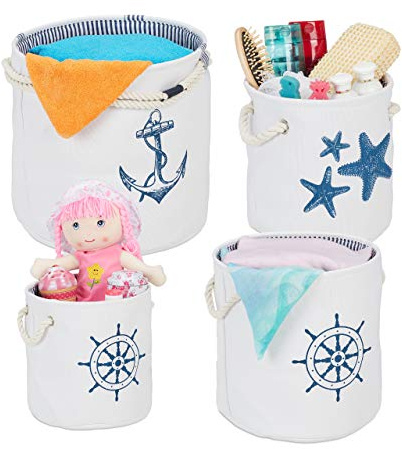 relaxdays Set da 4 Cestini Portaoggetti, Cesti di Stoffa con Manici, Contenitori Bagno Giochi, 4 Misure, Bianco/Blu