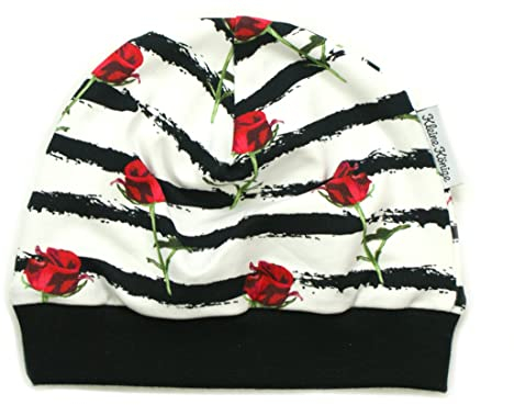 Kleine Könige Mütze Baby Mädchen Beanie · Mitwachs-Funktion · Modell Rosen auf Streifen, schwarz · Ökotex 100 Zertifiziert · Größe 98/104