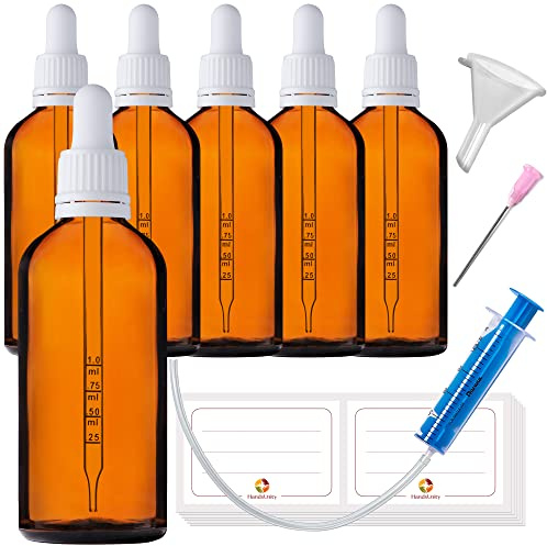HandsUnity 100ml-6pcs de Flacon de Pipette Petit Flacon en Verre - d'apothicaire en Verre Ambré avec Capuchon de Pipette Blanc Comprenant 17pcs d'accessoires Bouteilles en Verre Brun