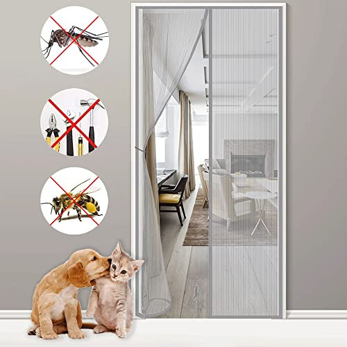 Fly Insect Screen Door Magnetic, 80x215cm Mesh Retractable Door Curtain - Keeps Mosquitoes Anti,Fits Gray