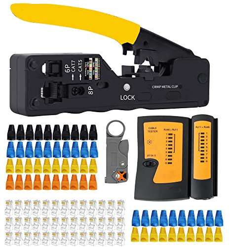 MAYLINEE pelacables alicates de RJ45 Comprobador Cable de Red RJ45 4P/6P/8P CAT5 CAT6 Network Tool Kits Profesional Mantenimiento LAN Tester Herramientas de Reparación 50 Conectores (Gris)