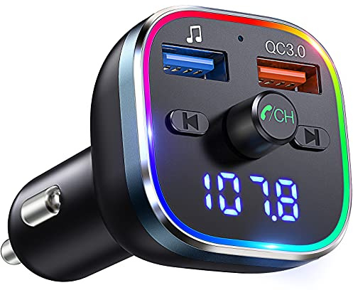 Bluetooth FM Transmitter for Car, QC3.0 Bluetooth Car Adapter, Wireless Radio Car Receiver Adapter Kit with RGB Colorful Light, Support Hands-free Calling, TF Card, U Disk, Black