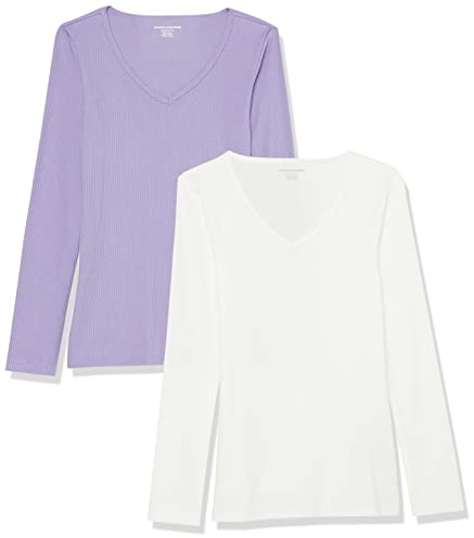 Amazon Essentials Camisas de Manga Larga con Cuello en V Acanalado y Corte Ajustado (Disponibles en Tallas Grandes) Mujer, Pack de 2
