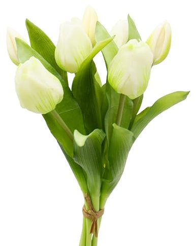 mucplants künstliche Tulpen Tulpenbündel mit 4 Tulpen und 3 Tulpenknospen real Touch (Creme-weiß)