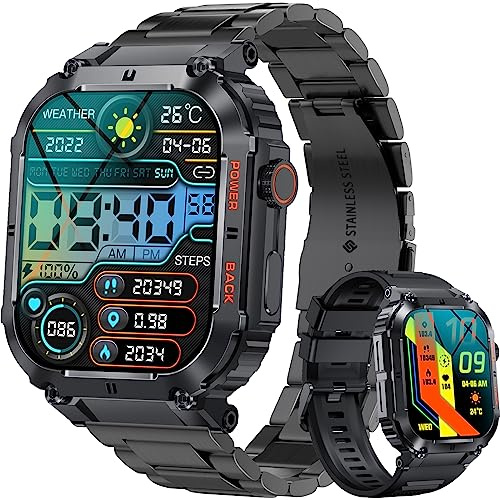 PODOEIL Smartwatch Herren Vollmetall Outdoor Tactical Smartwatch mit Telefonfunktion, 20 Sportmodi IP67 Militär Smart Watch Herren wasserdichte mit Blutdruckmessung verfügbar für Android und iOS