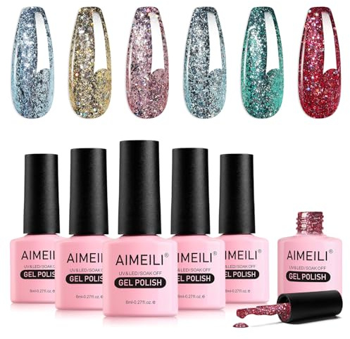 AIMEILI HEMA Free UV Lack Glitzer Nagellack Set 8ml 6 Farben Glitter UV Nagellack Set Luminous Sparkle Farbgel Gellack Soak Off Gel Nail Polish Gift Kit 56