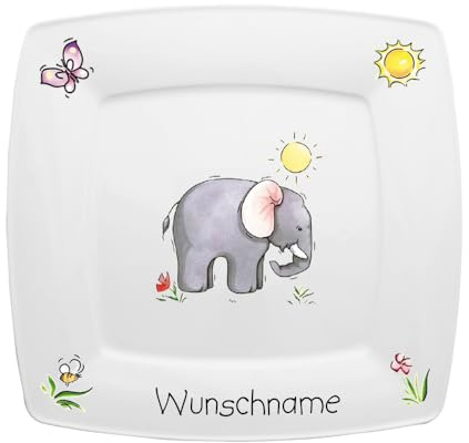 Doriantrade Frühstücksteller eckig Kinderteller Teller Porzellan Elefant personalisierbar mit Wunschname Name Kindergeschirr mit Namen personalisiert