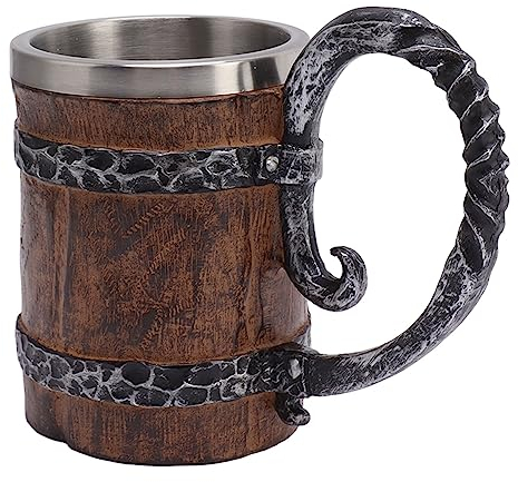 Otufan Chope à Bière, 4,9x3,7 en Acier Inoxydable, Double Paroi, Imitation Bois, Chope Médiévale avec Poignée, Tasse à Boire pour Bar, Restaurant, Maison
