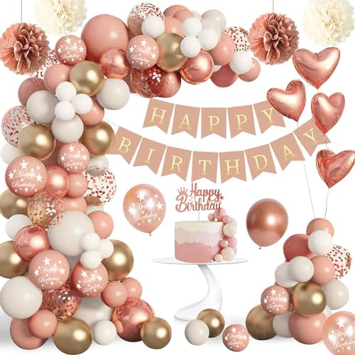 Geburtstagsdeko Rosa Mädchen Frau, Luftballons Rosegold Set Geburtstag Deko | Luftballons Konfetti, Happy Birthday Banner Girlande, Pompons, Tortendeko Geburtstag Für Party Dekorationen