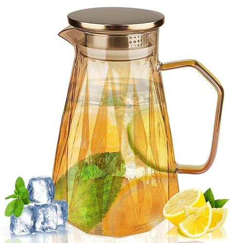 Pichet en verre,Bouteille verre 1,6l,Carafe en verre, Carafe en verre avec couvercle et bec verseur, Bouteille d'eau de diamant couleur ambre, Adaptée pour les boissons faites maison