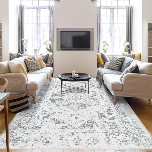 Famibay Rugs Living Room Large 200x290cm Grey Washable Area Rugs for Bedroom Vintage Non Slip Carpet Rug Short Pile Floor Carpet for Living Room Bedroom Dining Room Office