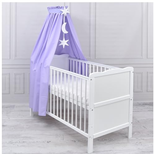 Generisch Baby Delux Babybett Himmel Betthimmel Baumwolle Baldachin für Babybett Kinderbett Wiege Stubenwagen Himmelstange Sterne Mond Applikationen Deko (Lila, mit Himmelstange)