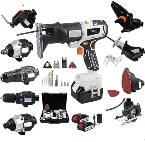 WHIPIN 10 in 1 Power Tool Combo Kit Cordless, Multi-Functional Woodworking Tool Kit, Brushless Power Tool Kit with with 4.0 Ah Battery and Tool Boxes for DIY Projects, Homes and Gardens