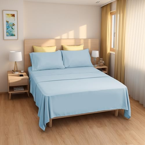 ETREXONLINE Set Lenzuola Matrimoniali 4 Pezzi per Letto 150x190/200cm, Completo Lenzuola Microfibra Traspirante Ultra Morbido - Include 1 lenzuolo sopra, 1 lenzuolo con angoli e 2 federa - Azzurro