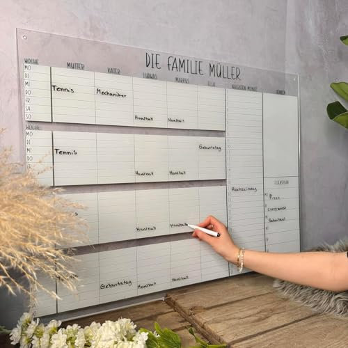 NordicCraft personalisierter Kalender 2024 Wandkalender aus Acrylglas für das ganze Jahr (8 Spalten) - Weiß Familienkalender 2024 & Wochenplaner - Wandkalender 2024 für das ganze Familie