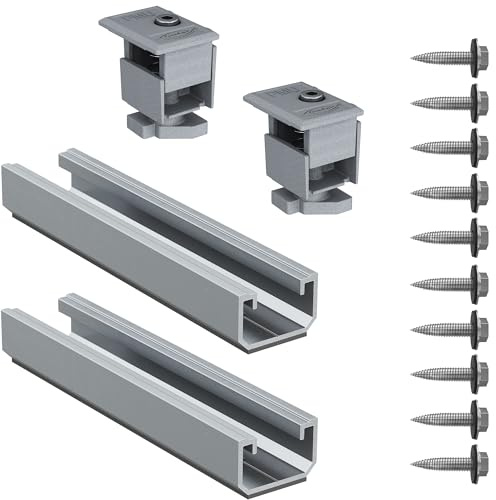 Fischer Kit de chapa corrugada 2 perfiles solares de metal + 10 tornillos + 2 abrazaderas PMU para fijación de paneles solares fotovoltaicos con orientación horizontal, 571965