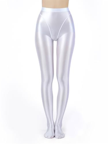 Runhomal Damen Dehnbare Strumpfhose mit hoher Taille glänzende Glossy Yoga Fitness Hose Damen Workout Leggings einfarbig Trainingsstrumpfhose Weiß L