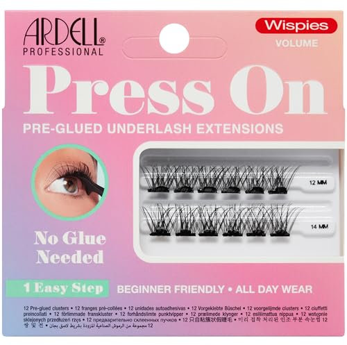 Ardell Press On Pre-Glued Underlash Eyelash Extensions, Wispies Volume Cluster Lashes Kit, Beginner-Friendly DIY Lash Extension Kit, Assorted Lengths, Mini Pack, 12 Lash Clusters