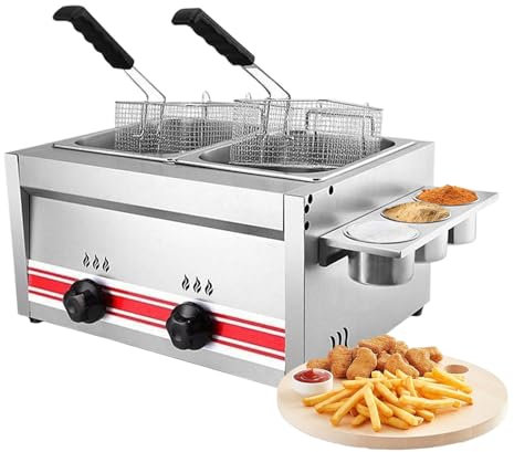 Kindevieft Friggitrice A Gas Commerciale 20l in Acciaio Inox A Doppia Vasca Friggitrice A Gas con 2 Cestelli E Coperchio Friggitrice da Banco Macchina per Friggere per Ristoranti E Uso Domestico