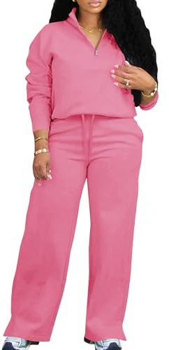 MOEENCN 2-teiliges Damen-Outfit, Sweatsuit, übergroß, halber Reißverschluss, Sweatshirt mit weitem Bein, Sweathose, lässig, Lounge-Set, Trainingsanzug, Pink, X-Large