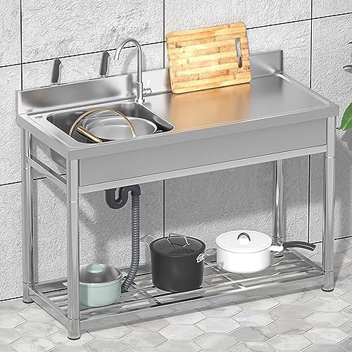 Juego de Fregadero para Exteriores, Fregadero Comercial de un Solo tazón de Acero Inoxidable 304 con Grifo, Fregadero de Servicio Independiente, Lavabo con Banco de Trabajo para Exteriores y