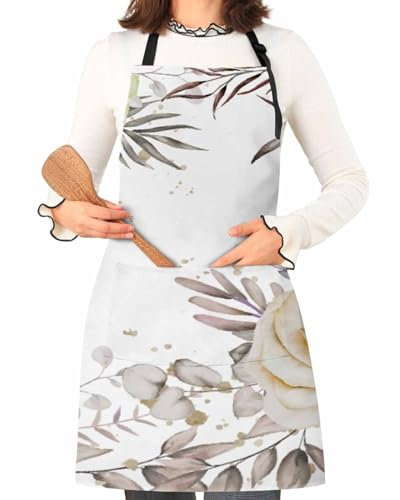 Grillschürze, Blume Vintage Natur Blumen Blätter Modern Weiß Schürze Verstellbare Latzschürze Mit Taschen Malschürze Für Bemalen Köche Küche 70X84Cm