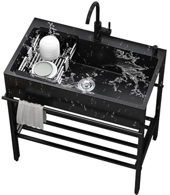 DSEWTEZXI Schwarz Edelstahl Freistehende Spültisch Spülbecken Küchenspüle,Moderne 1 Becken Waschtisch,Waschbecken Organizer,mit Lagerplattform,mit Warm Kaltwasserhahn,for Outdoor Garten Waschküche.