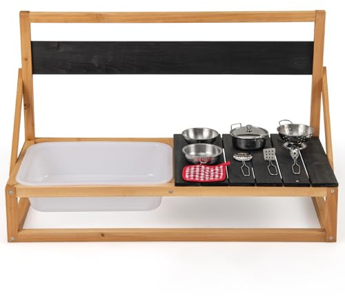 GYMAX Kids Mud Kitchen, Wall Mounted Outdoor Toy Kitchen Set | with Hanging Hooks, Blackboard, Sink, Cooking Accessories & Rag, Children Wooden Pretend Play Kitchen for Boys Girls