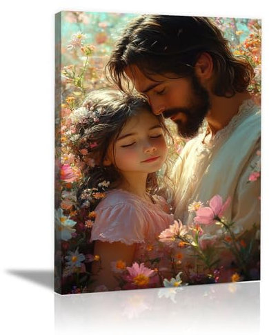 WIKEO Jesus Leinwand Kunstdruck, Jesus Mädchen Blumen Christliche Poster Religiöse Bilder, Gemälde für Schlafzimmer Wohnzimmer Büro Küche Dekoration - 40x60cm Gerahmt(rosa)