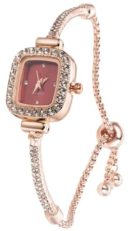Halukakah Kids' Sparkling Diamond Watch - Rose Gold Plated - Red Rectangle Dial - Quartz Adjustable Stainless Steel Wristwatch - Suitable for Boys and Girls