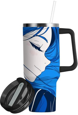 linqin Aesthetic Girl - Vaso aislado al vacío azul profundo con tapa y popote, botella de agua de 30 onzas, taza de café de boca ancha con asa para senderismo, deportes, campamento
