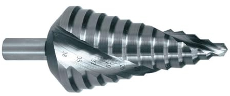 Broca escalonada de cobalto HSS-E con 5 niveles, ideal para perforar metal y materiales duros, ofrece precisión y durabilidad.