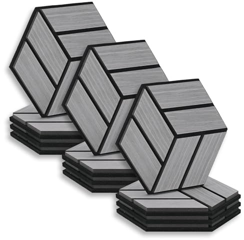 Homestyle4u Lot de 12 panneaux acoustiques hexagonaux - 30 x 26 x 2 cm - Gris - Décoration murale - Isolation acoustique - Carrelage mural