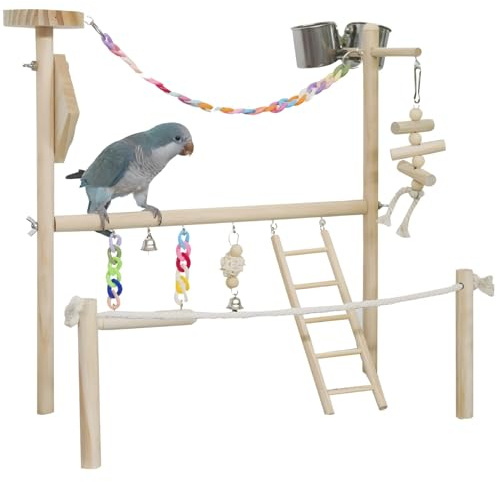 Funabridge Großer Vogelspielplatz mit Schaukel, Leiter, Glocken und Futterbechern, Aktivitätszentrum aus Holz für Papageien, Kakadus und Aras