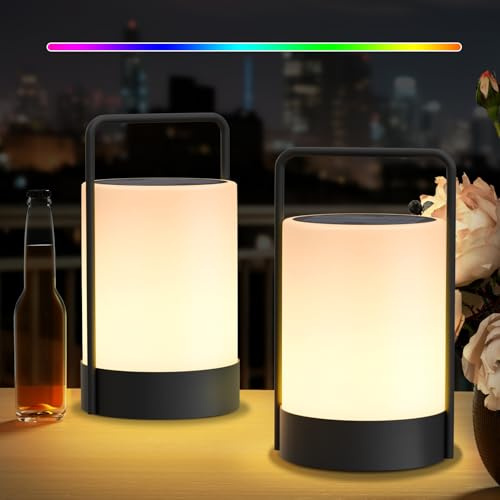 RWWR LED Solar Tischlampe Outdoor 2-in-1 Aufladung Tischlampe kabellos Akku Tischleuchte aufladbar 8 Farben IP44 für Camping Garten Balkon Terrasse (Schwarz 2er Set)