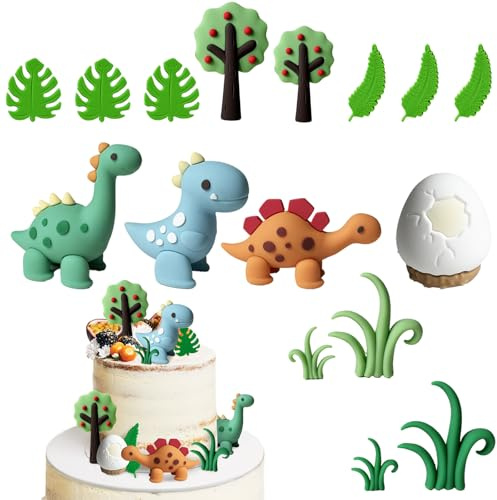 Benaewa 16 Pcs Dinosaur Cake Toppers, 3D Dinosaurs Egg Leave Tree Cake Decorations for Animal Themed Birthday Party, Decorations Supplies