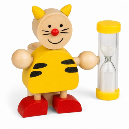 MIJOMA Zahnbürstenhalter aus Holz mit Sanduhr – lustige Tierfiguren, ca. 8x8,5 cm – spielerisches Zähneputzen, 3 Minuten Timer, pädagogisch & dekorativ (Tiger Gelb)