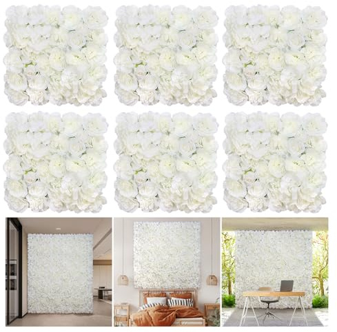 QinmiGarden Blumen Wand Hintergrund 6 Stück 42 * 42cm Künstliche Blumen Wandpaneele 3D Seide Rose Wanddekoration für Weddind Bühne Party Foto Hintergrund Heimdekoration (6, Weiß.)