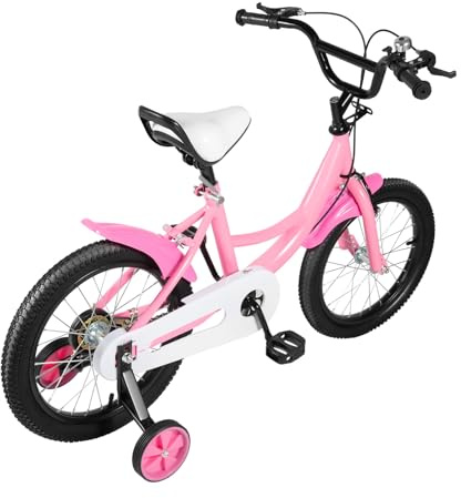 GIDRLL Barncykel 16 tum, höjdjusterbar, för pojkar och flickor mellan 4 och 6 år, med stödhjul och dubbel bromssystem (rosa)