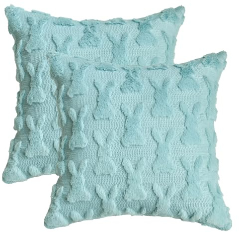 Artoid Mode Weich Künstliche Pelz Blau Hase Ostern Kissenbezüge 2er Set, 45x45 cm Frühling Plüsch Samt Sofakissen Zierkissenbezug Schlafzimmer Deko
