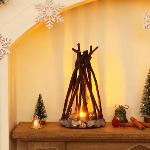 BVI BOOMERVIVI Wooden Campfire Night Lights, Creative Log Lamp with 3 Lighting Modes & Flame Sound, LED Dimmable Simulated Bonfire Lamp, Cozy Fireplace Lantern for Bedroom Office Table (Large)