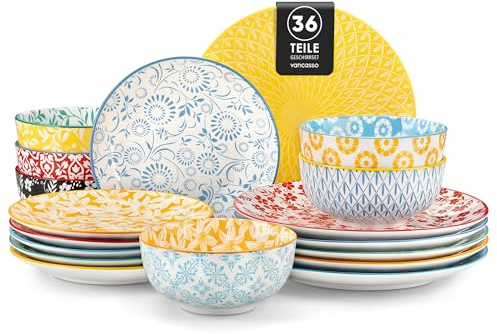 vancasso Serie SELENE Vajillas Completas 12 Personas, Juego de 36 Piezas Vajillas en Porcelana Pastel - 12 Platos Llanos, 12 Platos de Postre y 12 Cuencos, Apto para Lavavajillas y Microondas