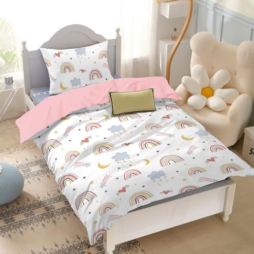 Yasida KinderBettwäSche Regenbogen 100x135 Rosa Kinder Bunte Mikrofaser BettwäSche Mit Regenbogen, Wolken, Sternen, Monden, Herzen FüR MäDchen Einzelbettbezug Set Bettbezug 100x135 + Kissenbezug 40x60