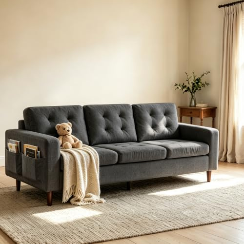 ROCSUMOO Sofa 3 Sitzer, 238cm 3 Seat Sofa, 3er Couch (Dunkelgrau) | 3er Sofa, Kleine Sofa mit Armlehne und Seitentasche, Modernes Stoffcouch für Wohnzimmer Schlafzimmer Wohnung Büro