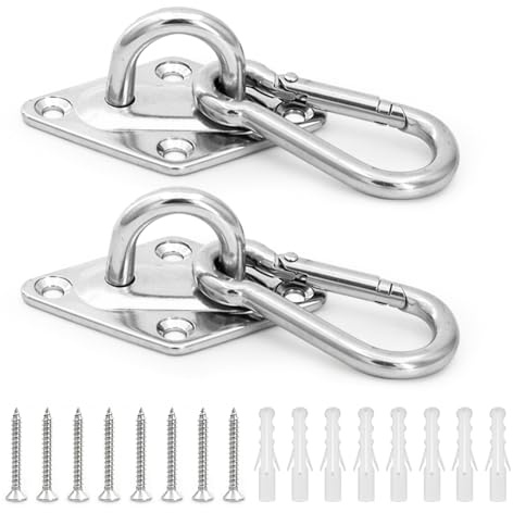FARYODI 2 placas de acero inoxidable con mosquetón, ganchos de techo resistentes con capacidad de carga de 300 kg, para colgar hamacas, columpios y toldos para actividades en interiores y exteriores