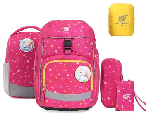 SKYSPER Cartable set 5 pièces, Sac à dos Scolaire avec Système de Portage Ergonomique Housse de Pluie et Bandes Réfléchissantes pour Filles Garçons enfants activités de plein air