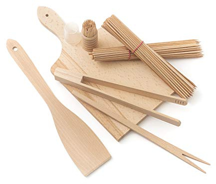 Tuuli Grillbesteck-Set aus Buchenholz mit Brett, Wender, Zange und Spießen | Vorbereiten, grillen und servieren: Brett 30 x 14 cm, Wender 30 cm, Zange 24 cm, Gabel 27 cm, Spieße 20 cm