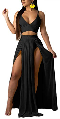 Conjunto de 2 Piezas de Vestido Sexy de Gasa con Tirantes y Escote en V Profundo, Top de Corte Alto y Falda - Negro - X-Large