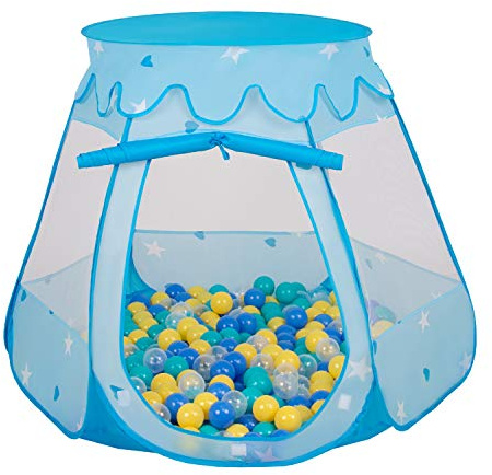 Selonis Lektält, 105 x 90 cm/100 bollar, slott, hus, pop-up, bollhav, plastbollar för barn, blå: turkos-blå-gul-genomskinlig